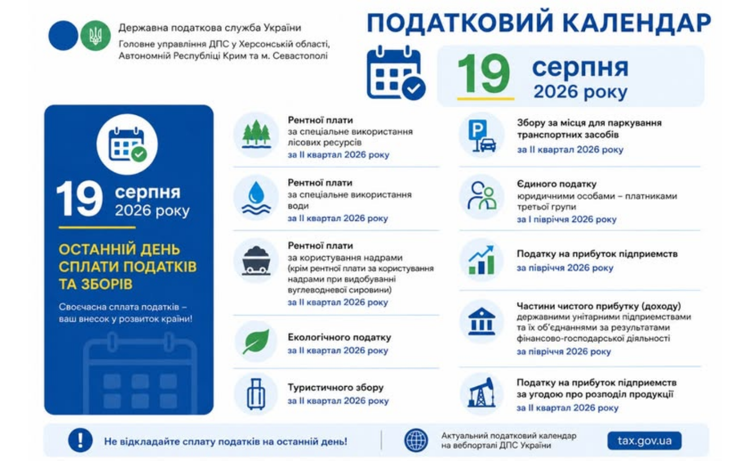 Податковий календар: 19 серпня 2026 року - дедлайн зі сплати окремих платежів